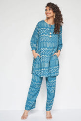 Women's Floral Printed Knee Length Rayon Co-ords Set-HFXMA-K218-BLUE